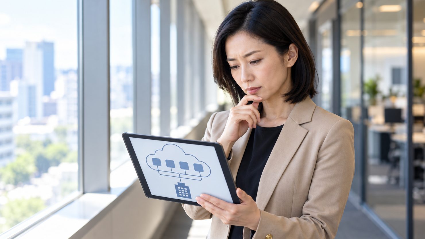 窓ぎわでタブレットのクラウドの構成図を見ながら外部に頼む作業を考える情報システムの課長