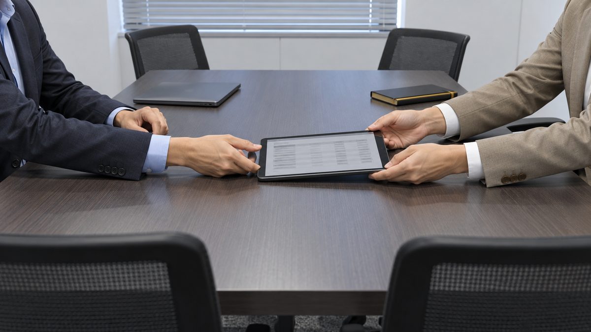 会議室でタブレットを差し出して受け渡す2人の手元