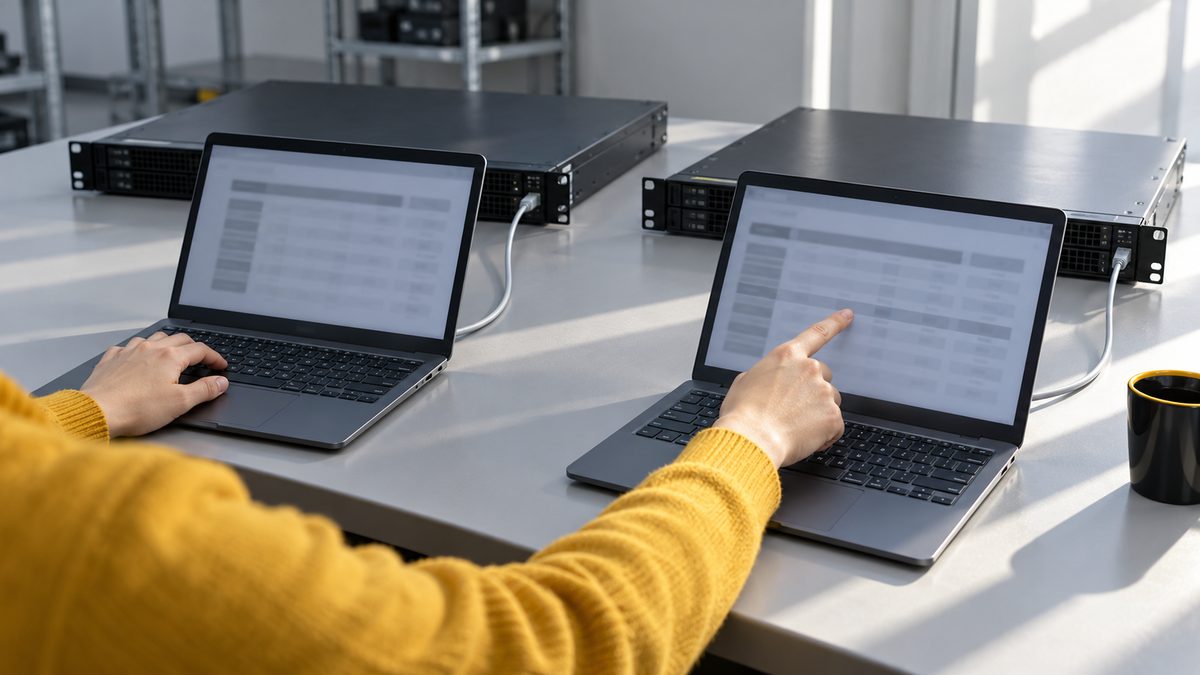 検証室で2台のサーバーにつないだノートPCを見比べる担当者の手元