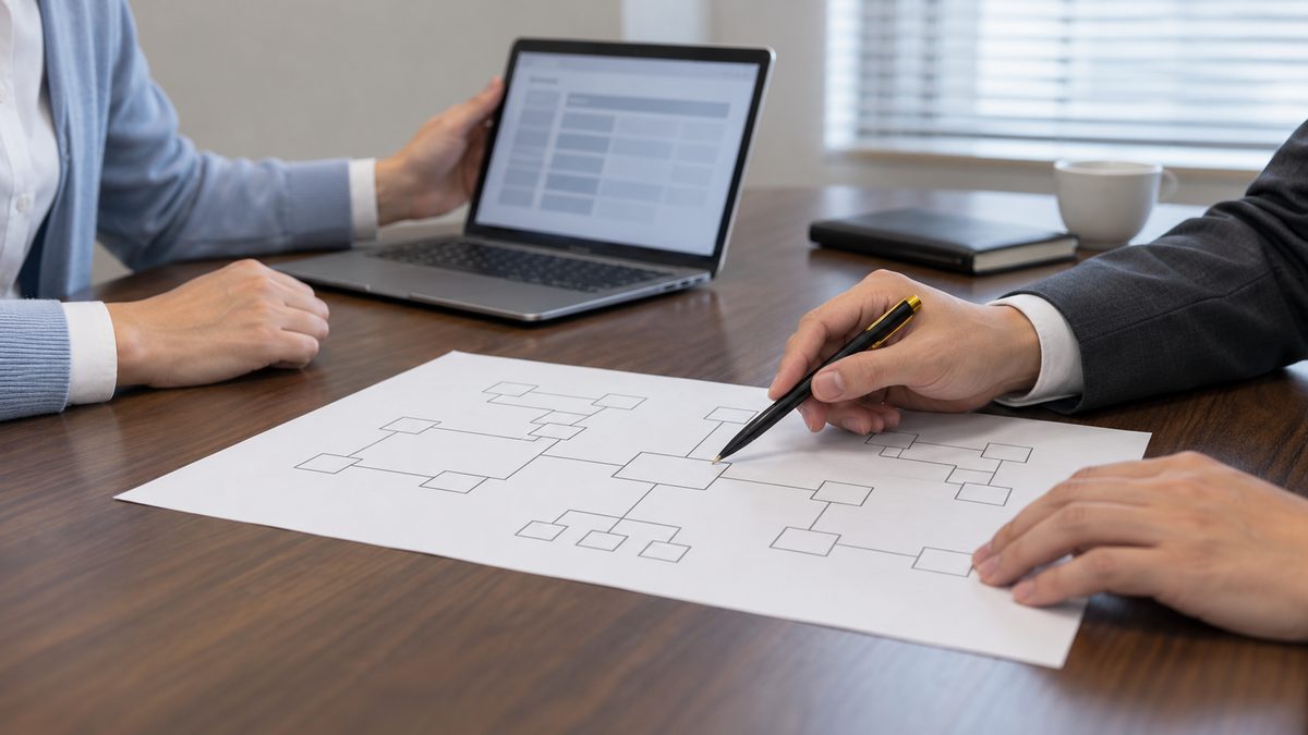 構成図をペンで示す技術者と話を聞く担当者の手元