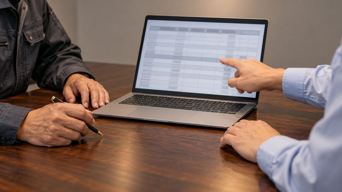 会議室でノートPCの要件の表を指して確かめる工場の担当者と技術者の手元
