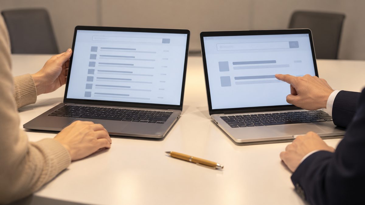 権限の違う2台のノートPCの検索結果を見比べる2人の手元