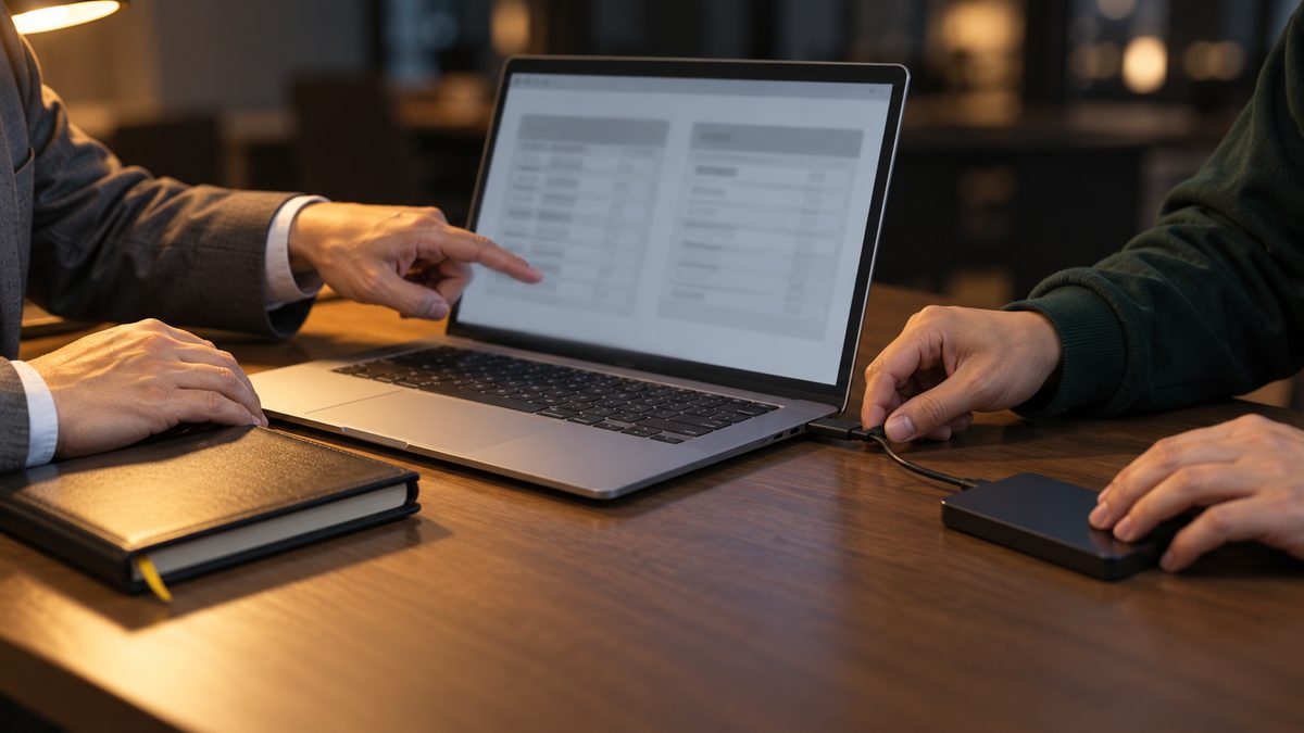 外付けの記憶装置をつないだノートPCの表を指して確かめる2人の手元