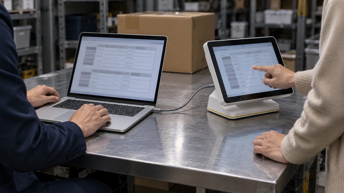 バックヤードでノートPCとレジ端末をつないで動作を試す2人の手元