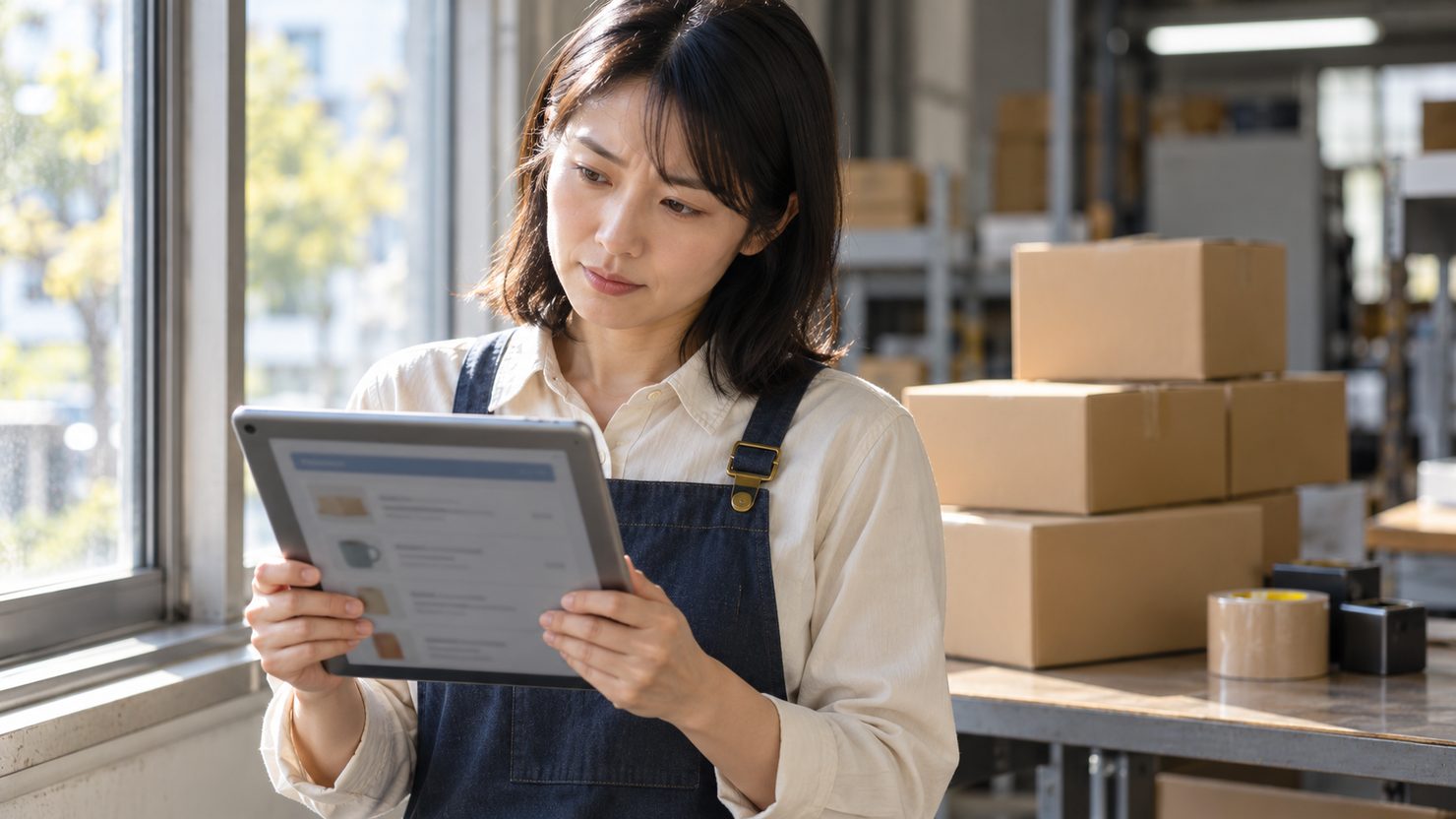 出荷場の窓ぎわでタブレットの注文の一覧を見る通販サイトの担当者