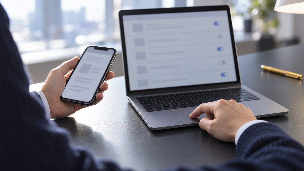 スマートフォンの確認画面とノートPCの拡張機能の一覧を見比べる手元