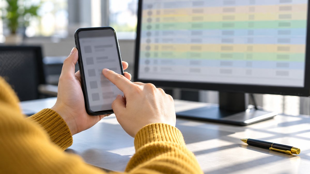 スマートフォンで不具合を再現しながら奥の一覧を確かめる手元