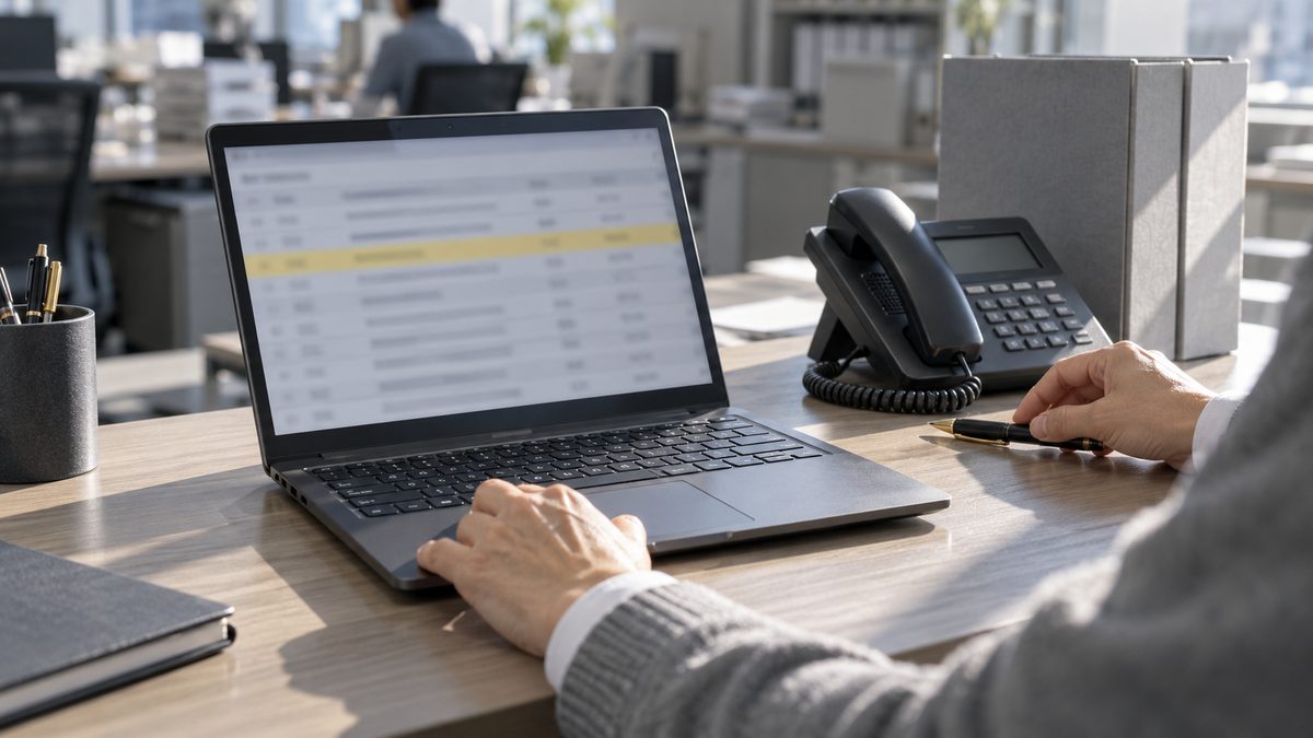 取引先の担当者がノートPCの一覧の行を選ぶ手元