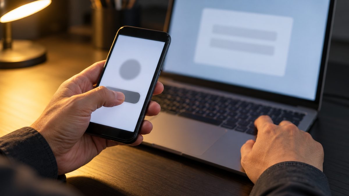 スマートフォンで認証の確認をしながらノートPCを操作する手元
