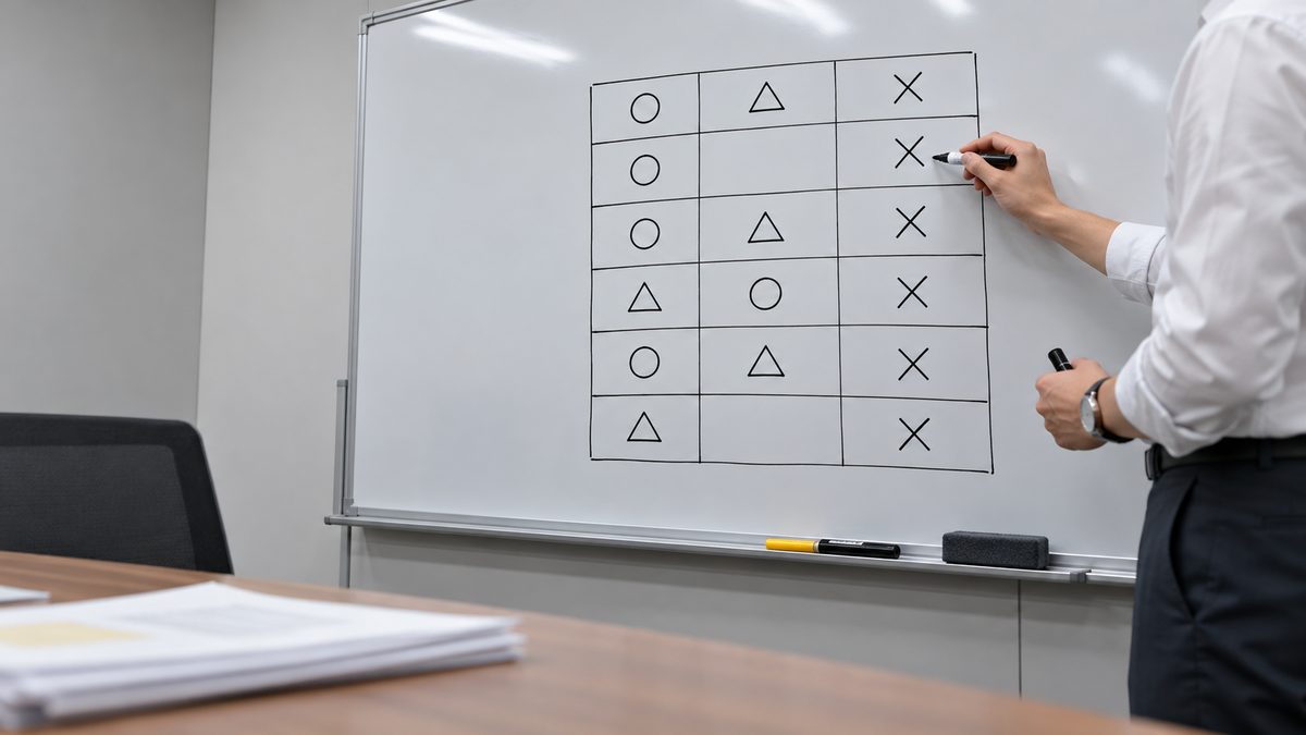 ホワイトボードの記号だけの3列の表にマーカーで印を入れる