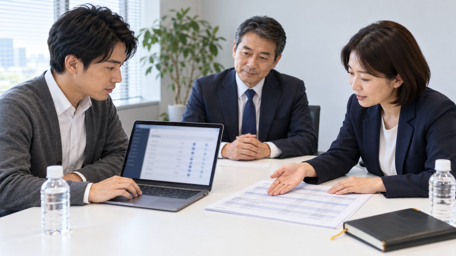 会議室でAI機能を使わせる部署の順を打ち合わせる情報システム担当者2人と人事担当者
