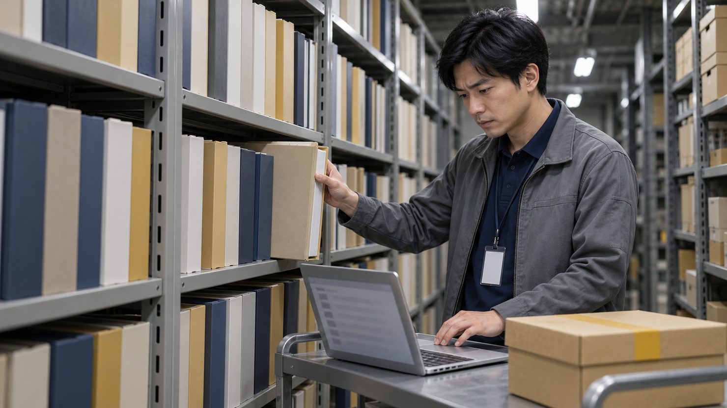 文書保管室で紙のファイルの中身を確かめ、ノートPCに登録の段取りを控える技術者