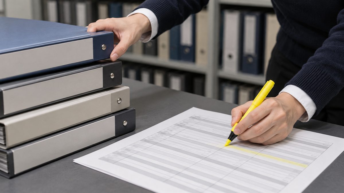 書類棚の前でバインダーを持ち上げ文書の目録に蛍光ペンで印を付ける