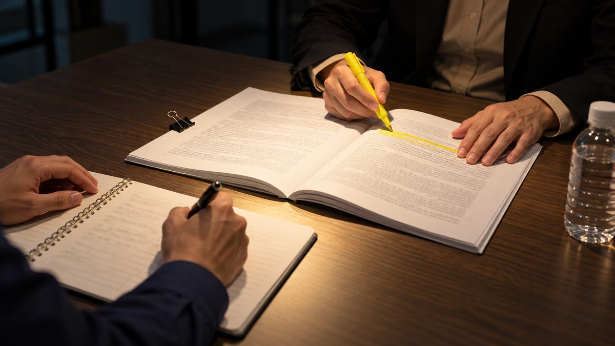 法務と情シスが印刷した規約に蛍光ペンを引きノートに書き込む