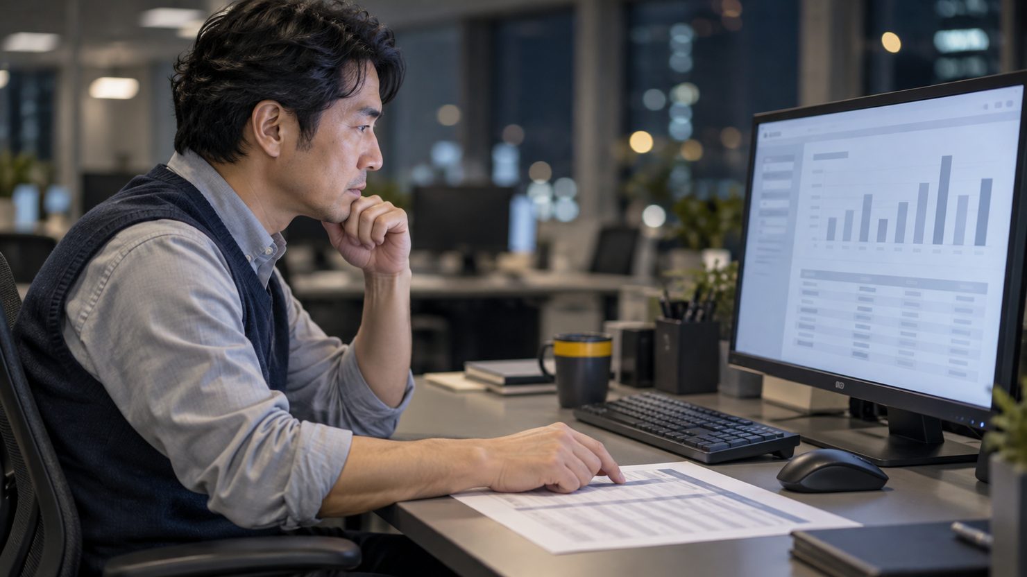 モニターの利用量グラフと料金表を見比べて考える開発責任者の横顔