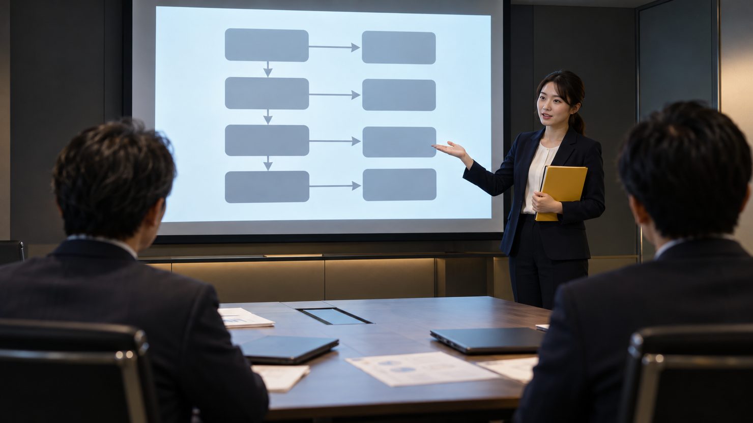 スクリーンの分岐図を手で示して説明する担当者と聞き手の背中