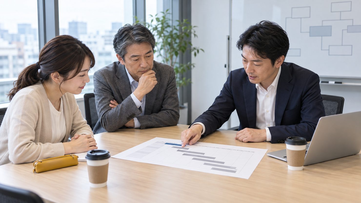 会議テーブルで工程表を囲んで期間を確かめる3人