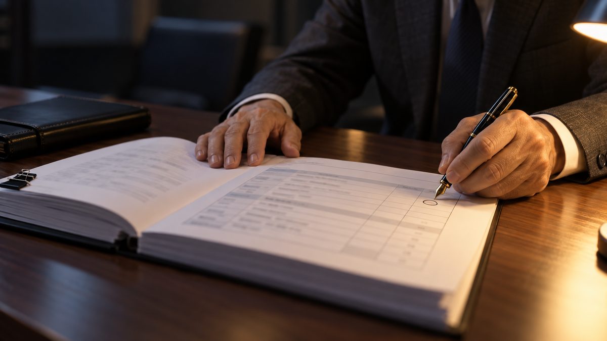 責任者が要件定義書の表の1行に万年筆で丸を付ける手元
