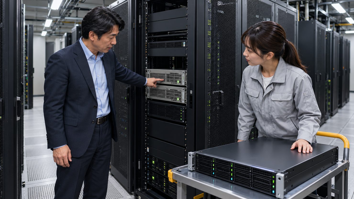 サーバー室で古いサーバーを示す情シス担当と新しい機器を運ぶ技術者