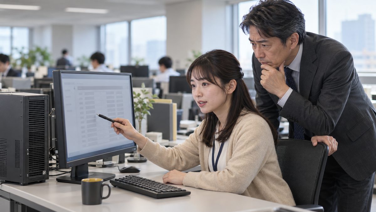 モニターの一覧を示して説明する担当者と、のぞき込んで考える上司