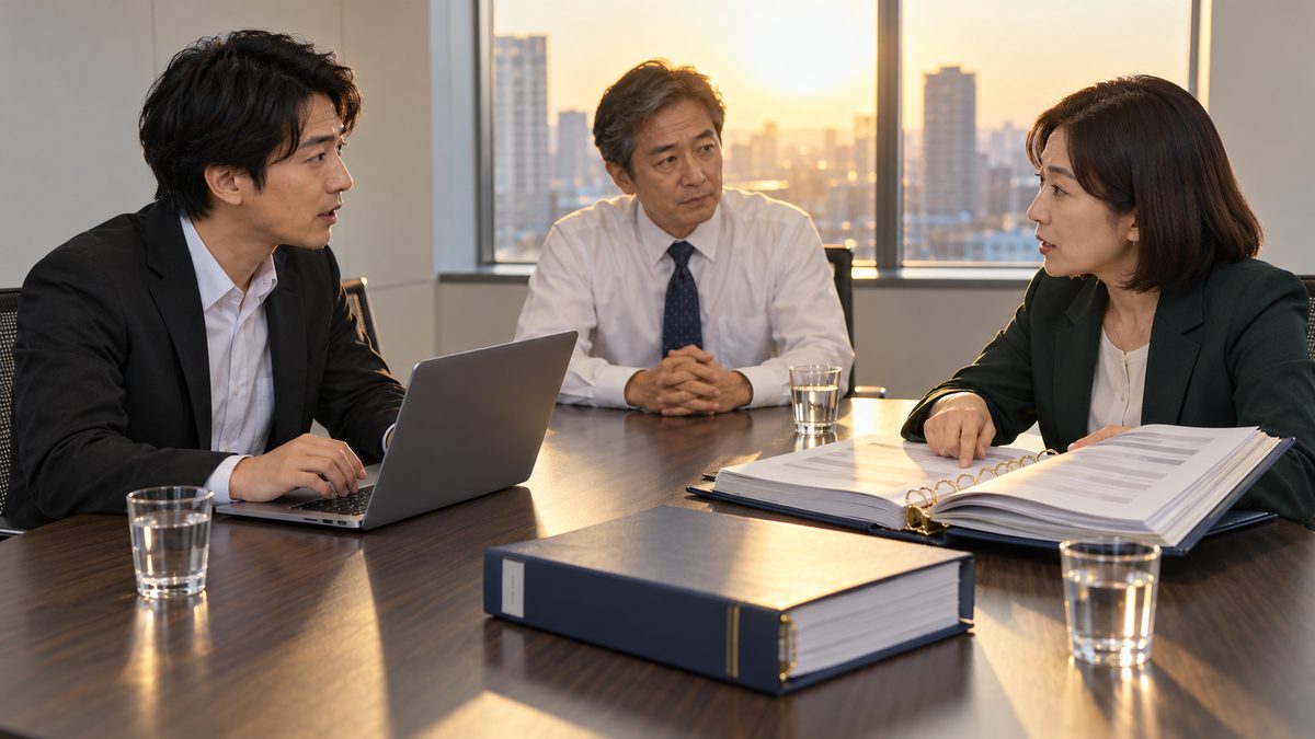 会議室で設計書のファイルを前に引き継ぎを話し合う3人