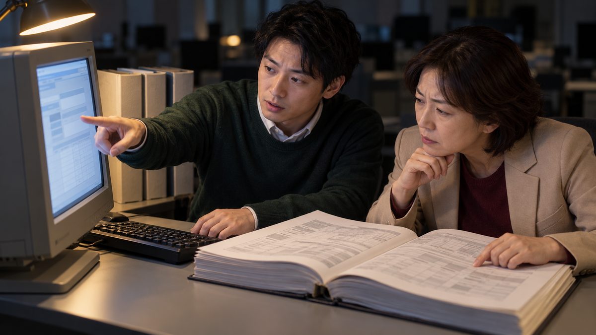 夜の執務室で古い端末の画面と厚い設計書を突き合わせる技術者と情シス担当