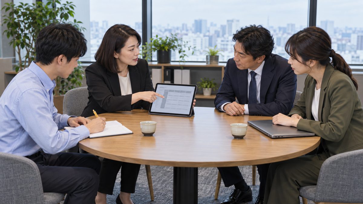 丸テーブルでタブレットの資料を示して開発会社に質問する発注側の担当者