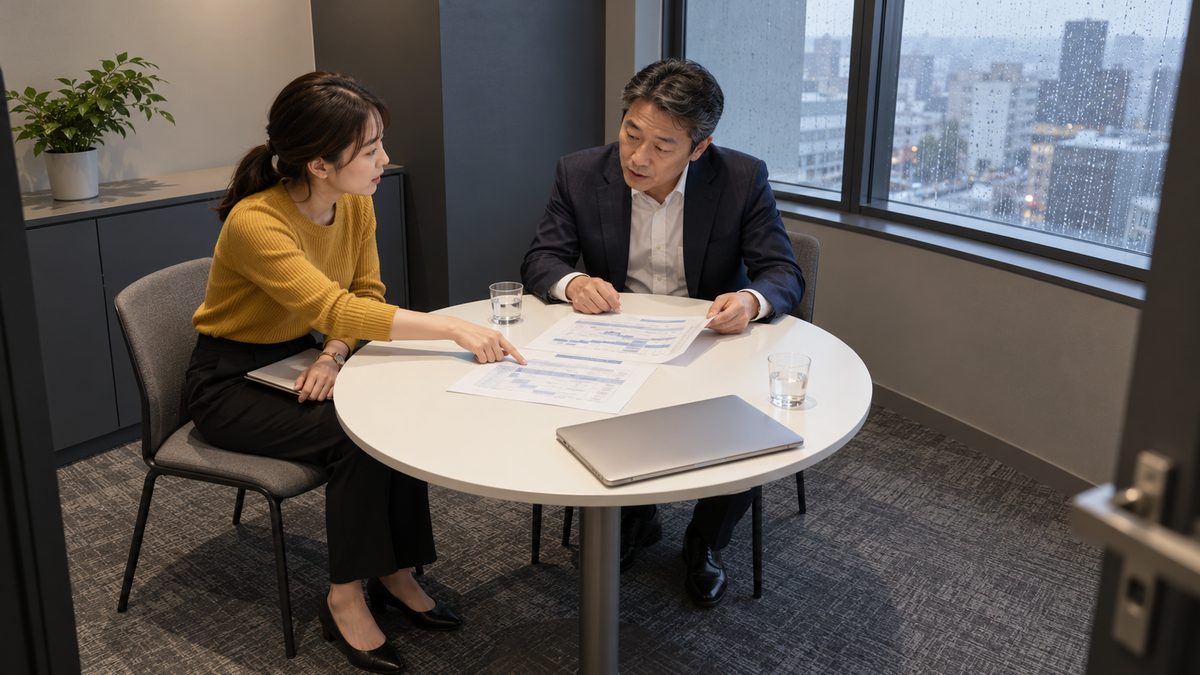 雨の日の小会議室で見積もりの資料を確かめ合う課長と担当者