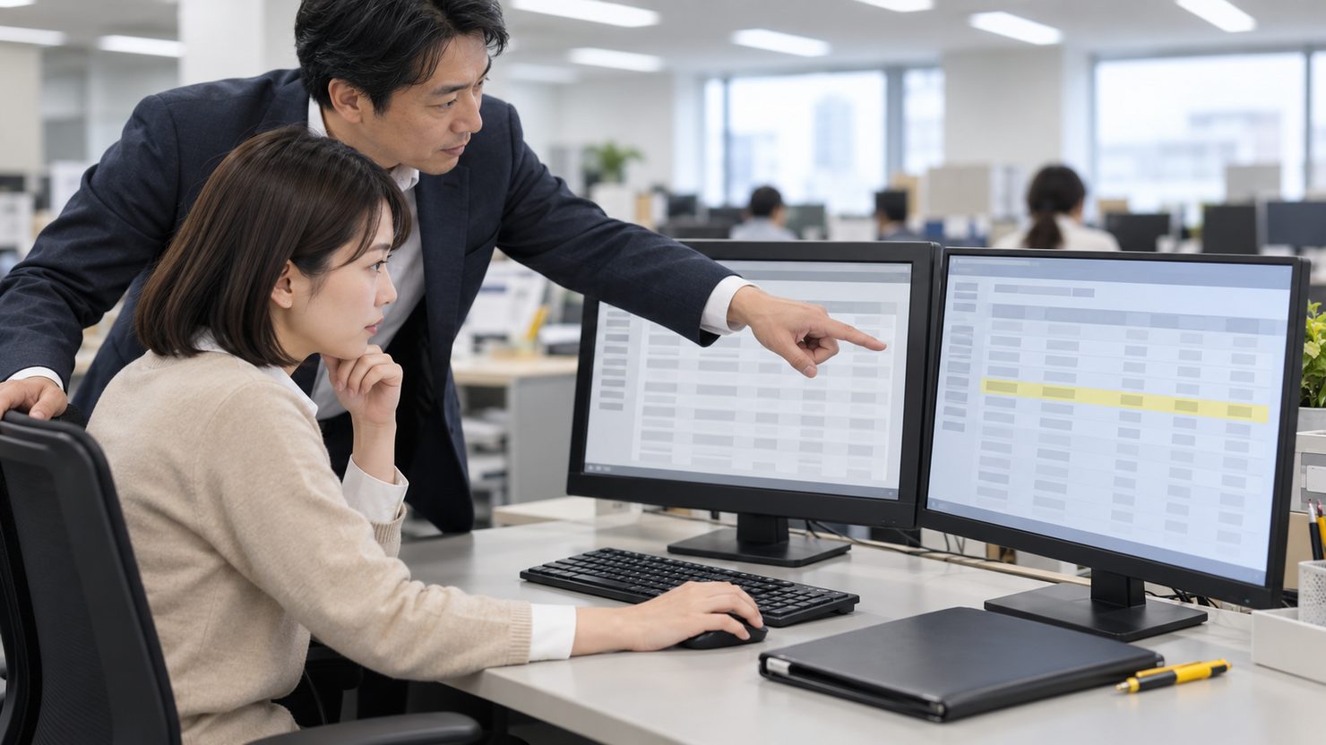 2台のモニターの表を見比べる経理担当と、食い違いの行を示す情シス担当