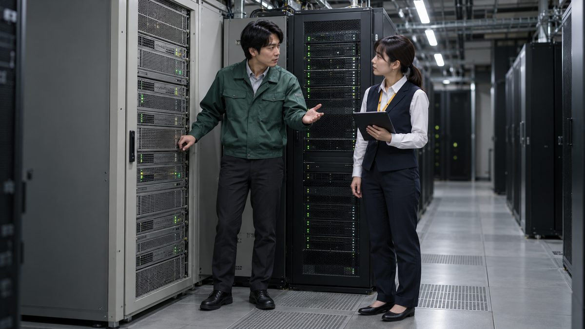 新旧のサーバーラックが並ぶサーバー室で話し合うインフラ担当2人