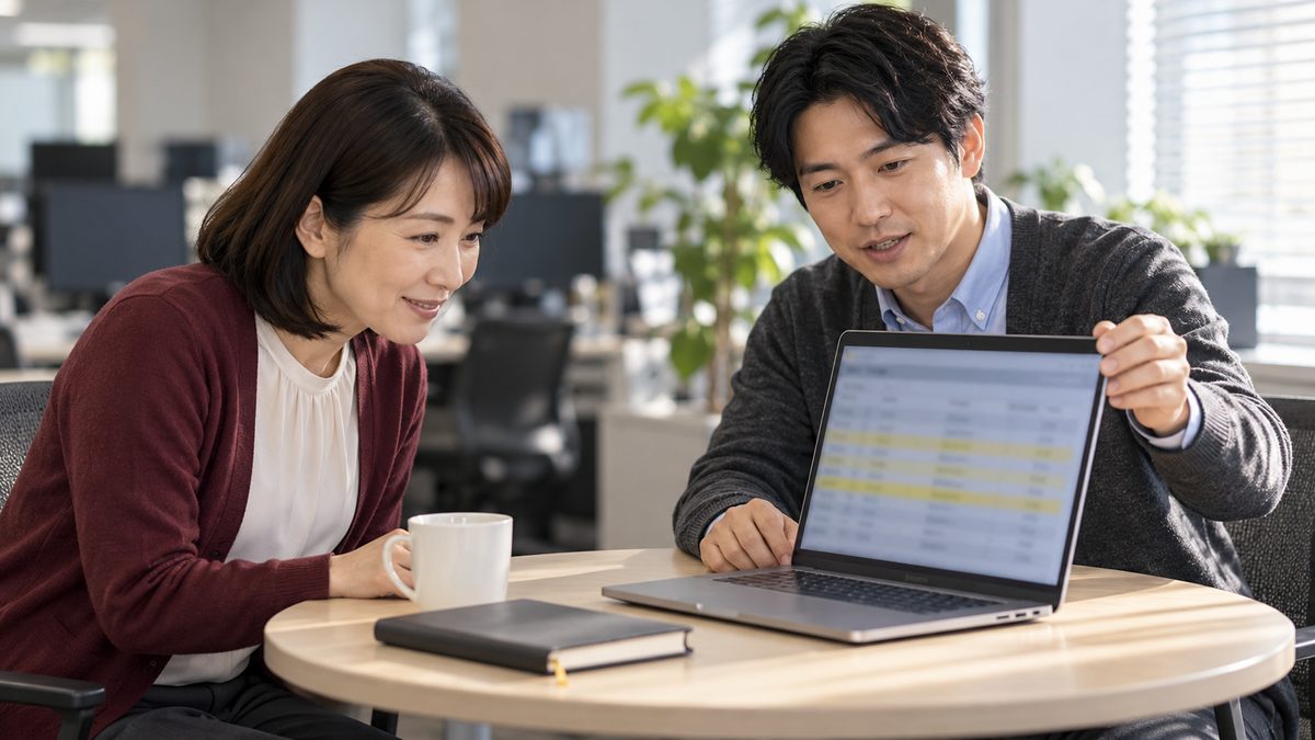 ノートPCを向けて差の出た行を見せる情シス担当と、のぞき込む事務担当