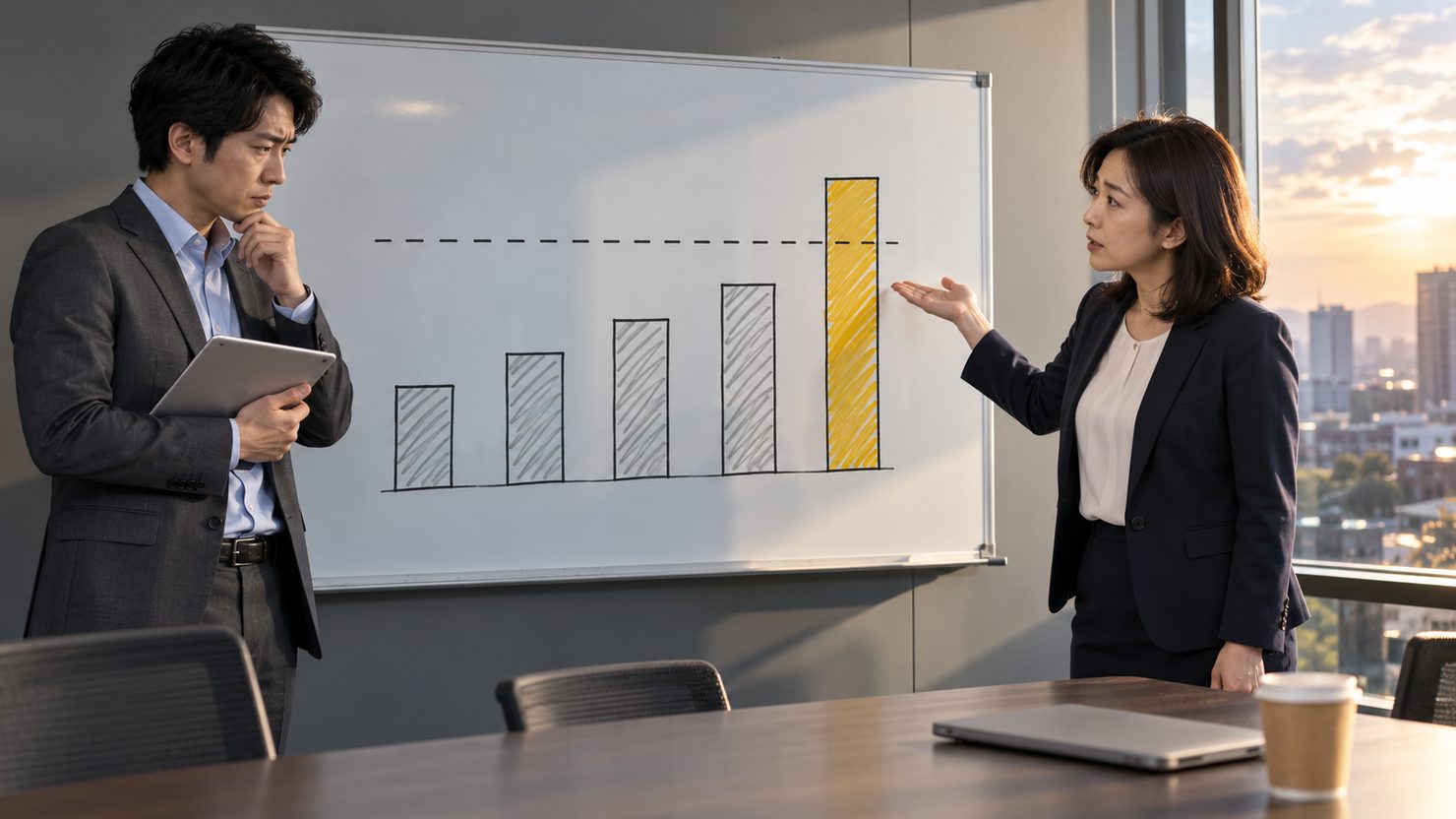 予算の線を超えた棒グラフを示す発注側の課長と、考え込む開発会社の担当者