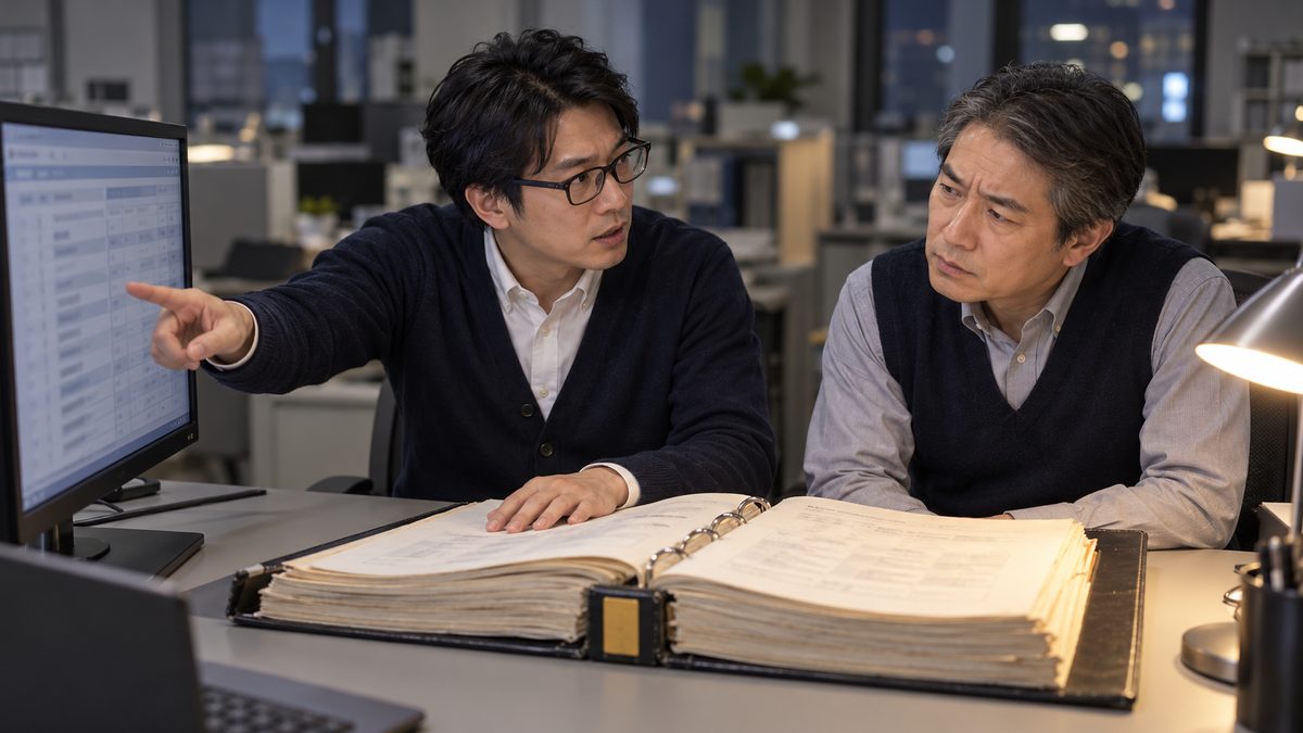 古い設計書のバインダーとモニターの表を見比べるエンジニアと情シス担当