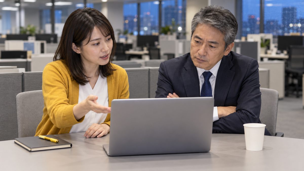 ノートPCの比較表を示して契約の分け方を説明する担当者と、腕を組んで考える課長