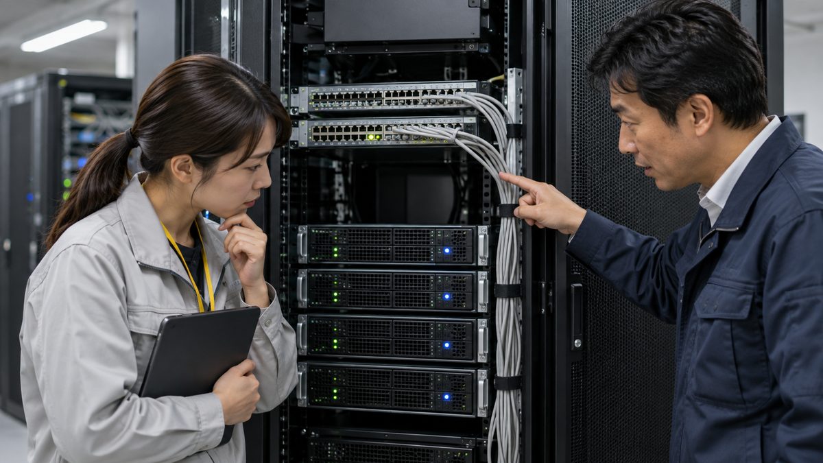 サーバーラックの前でケーブルの境目を確かめるネットワークとサーバーの技術者