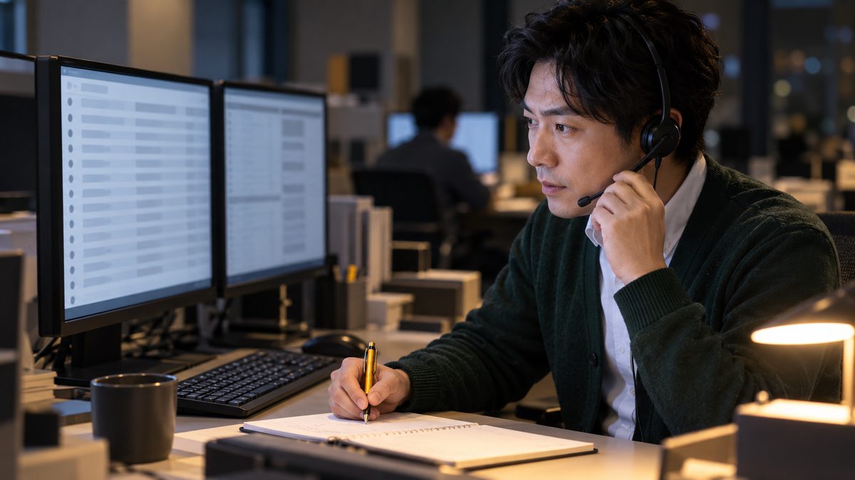 夜の執務席でヘッドセットで問い合わせを受けながら記録する窓口担当