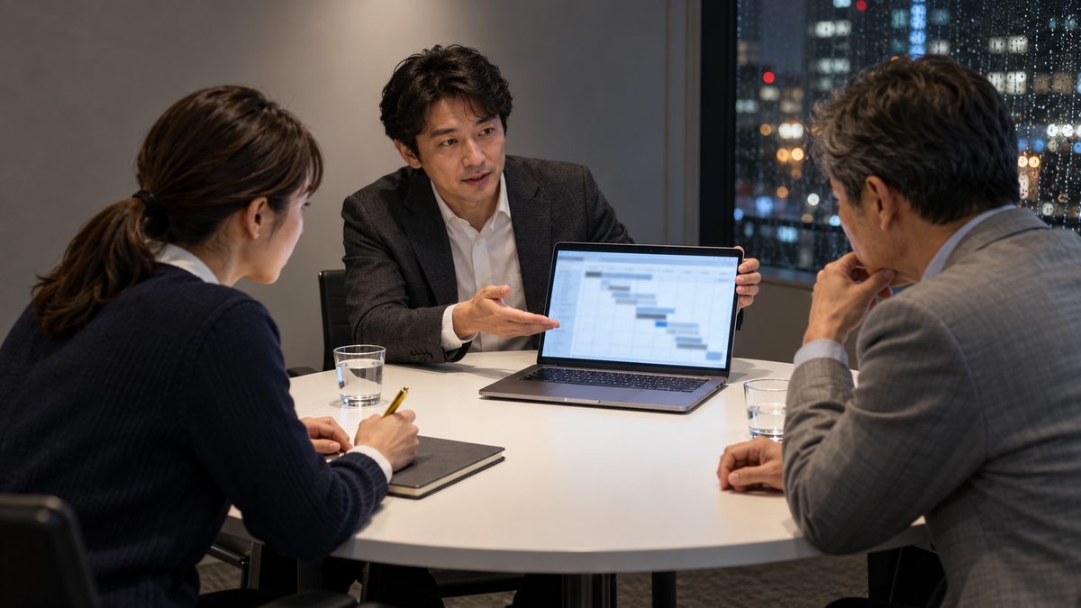 夜の会議室でノートPCの工程表を見せる外部の技術者と情報システム部の2人
