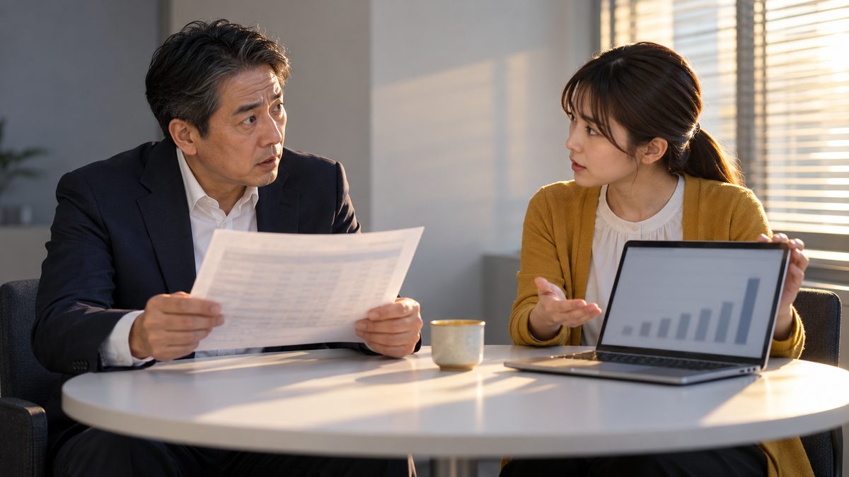 利用料の明細を持つ部長に、ノートPCのグラフを見せて説明する担当者