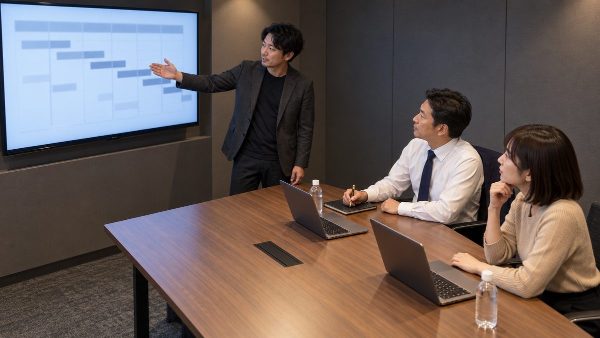 大型画面の年間予定表を示す委託先の技術者と、聞いている発注側の2人