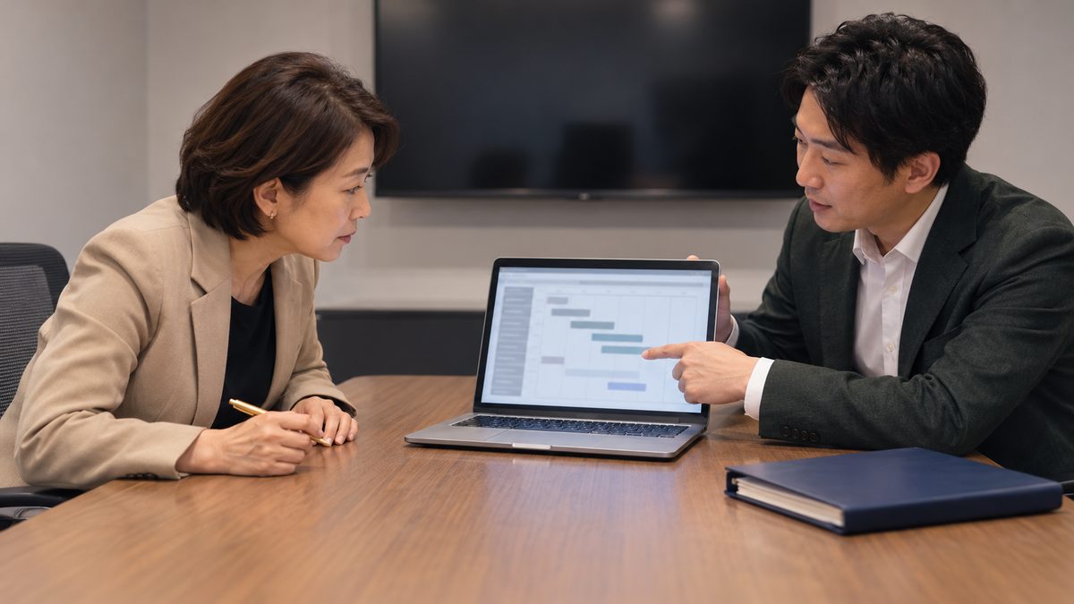 会議室でノートPCの工程表を見ながら話す部長と外部の技術者