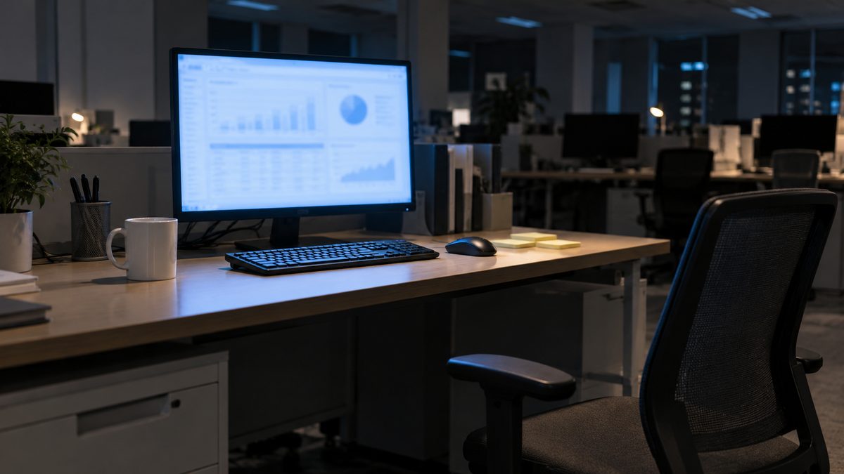 夜の事務所で画面がついたままの無人の席。引かれた椅子とキーボード、マグカップ
