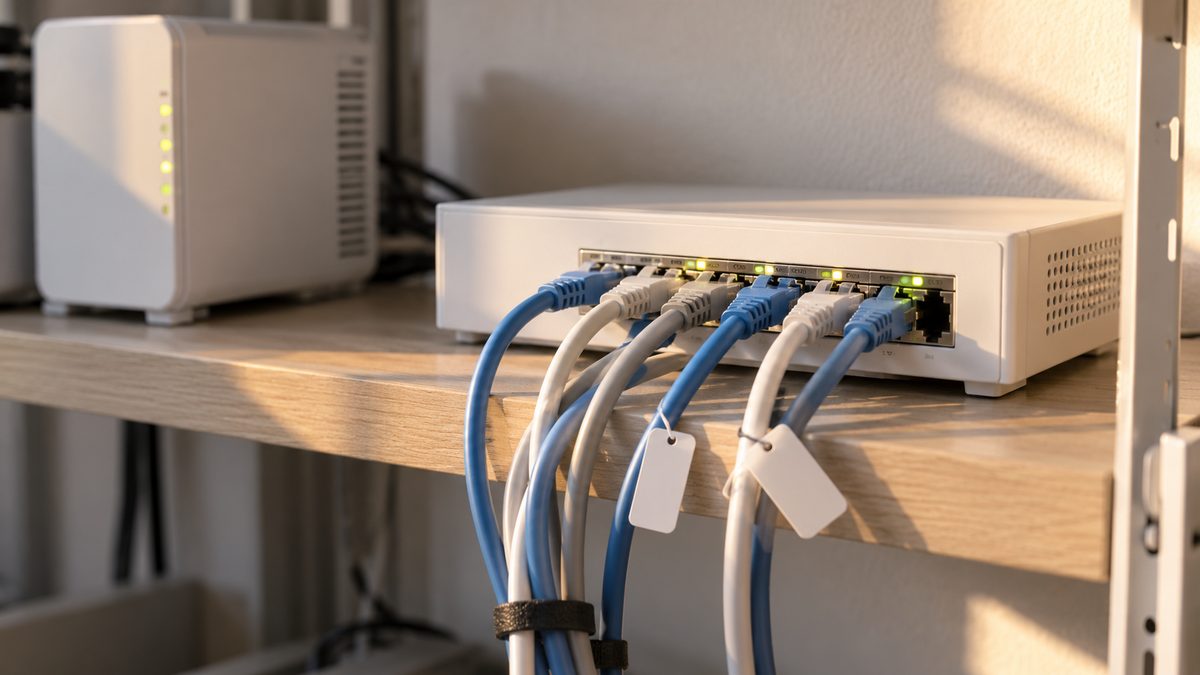 壁際の棚の白いネットワークスイッチに青と白のLANケーブルが挿さり、無地のタグが付いている