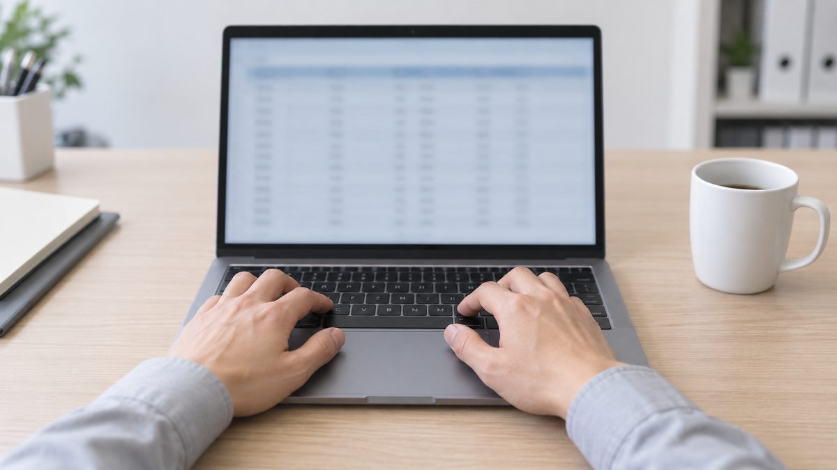 事務所の机でノートPCのキーボードに両手を置く担当者。画面にはぼけた表、右に白いマグカップ