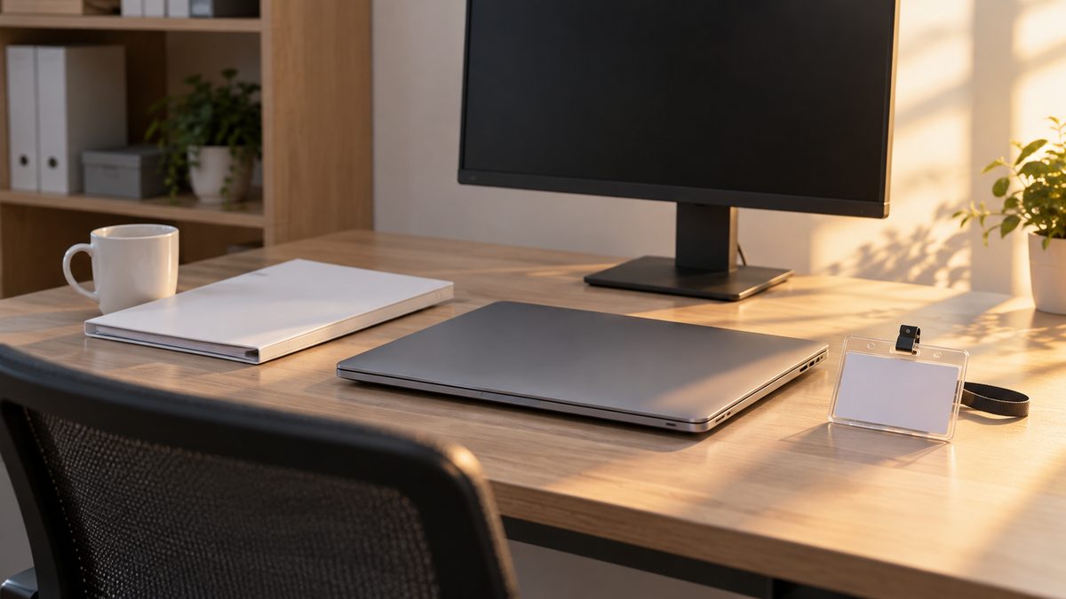 夕方の空いた席に閉じたノートPCと名札ケース、バインダーが用意されている