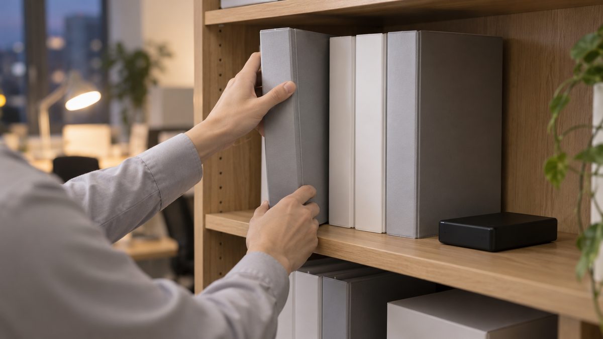 夕方のオフィスで、無地のバインダーを両手で書棚に収める。棚の端に黒い記録媒体