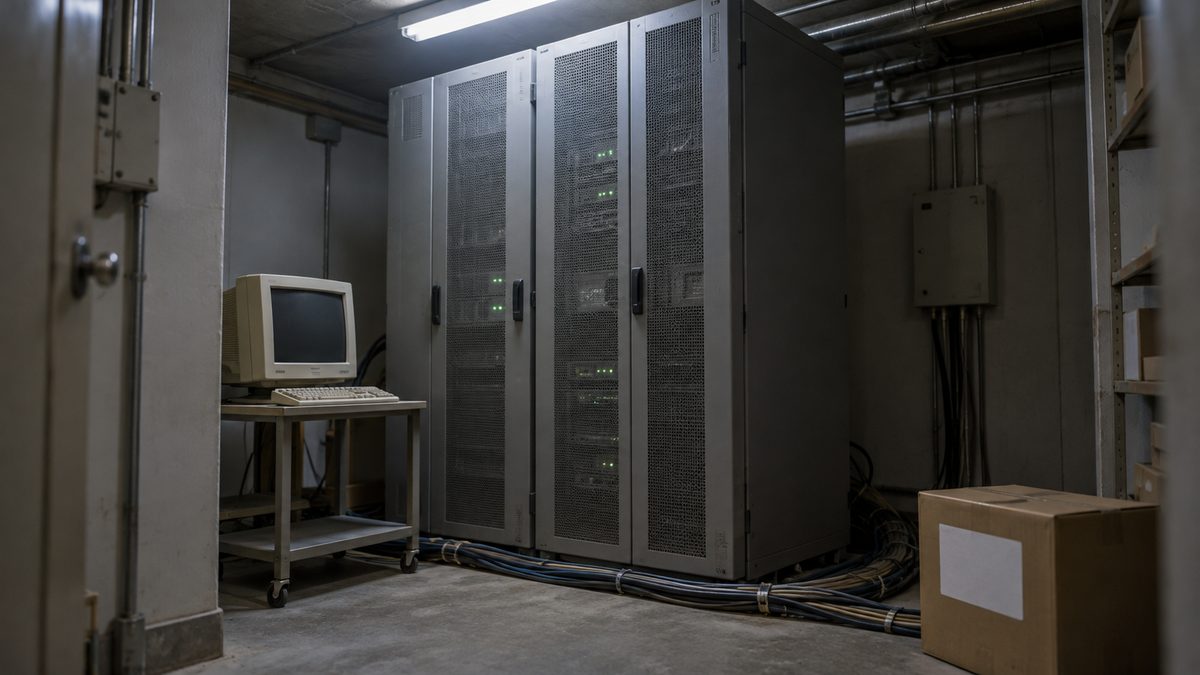 古い小型の保守用ブラウン管端末と、緑のランプが点く灰色のサーバーラックが並ぶ薄暗い機械室