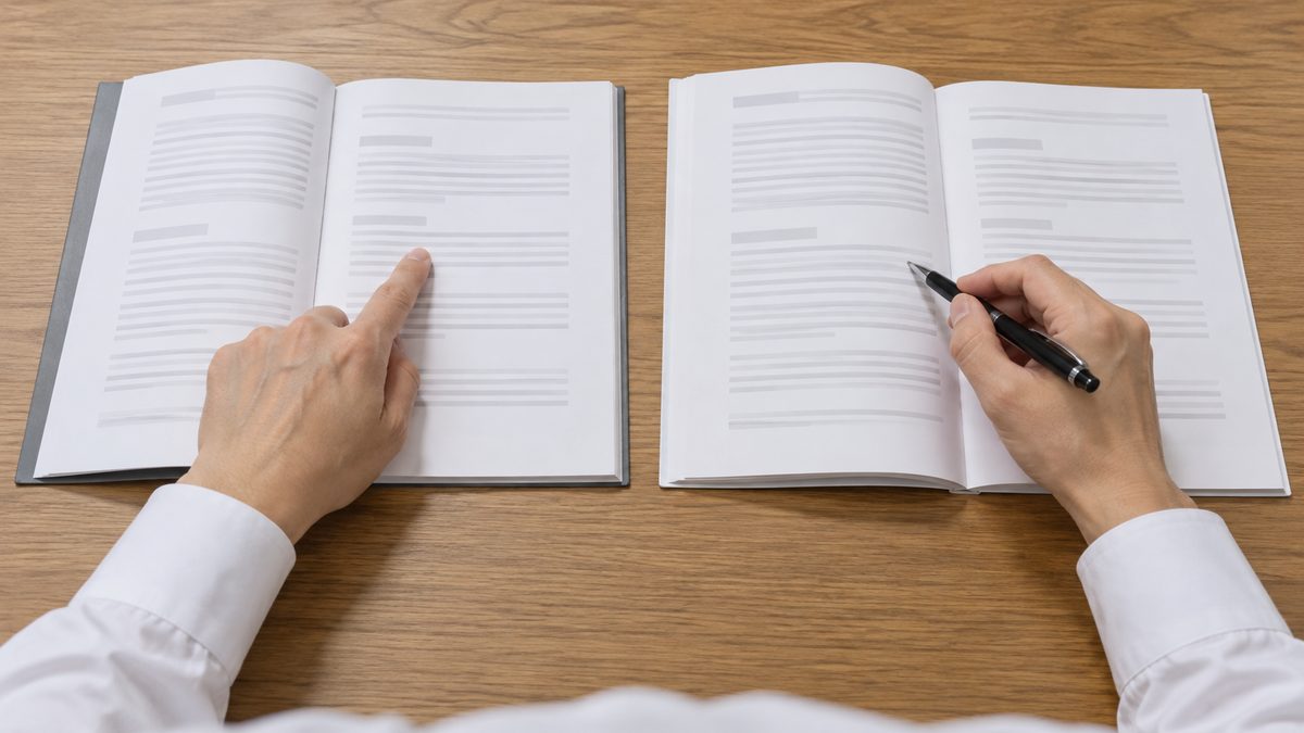 開いた2冊の契約書の同じ位置の行を、指とペン先で押さえて見比べる手元