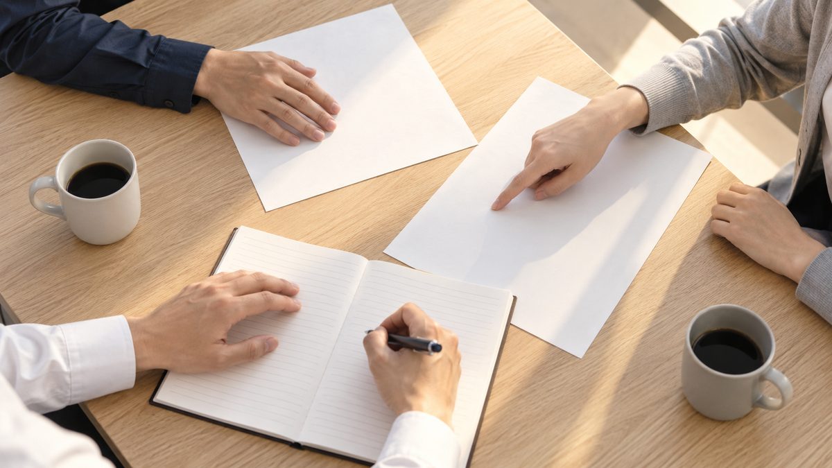 会議室のテーブルを3人で囲み、ノートに書き込みながら資料を指して話し合う手元