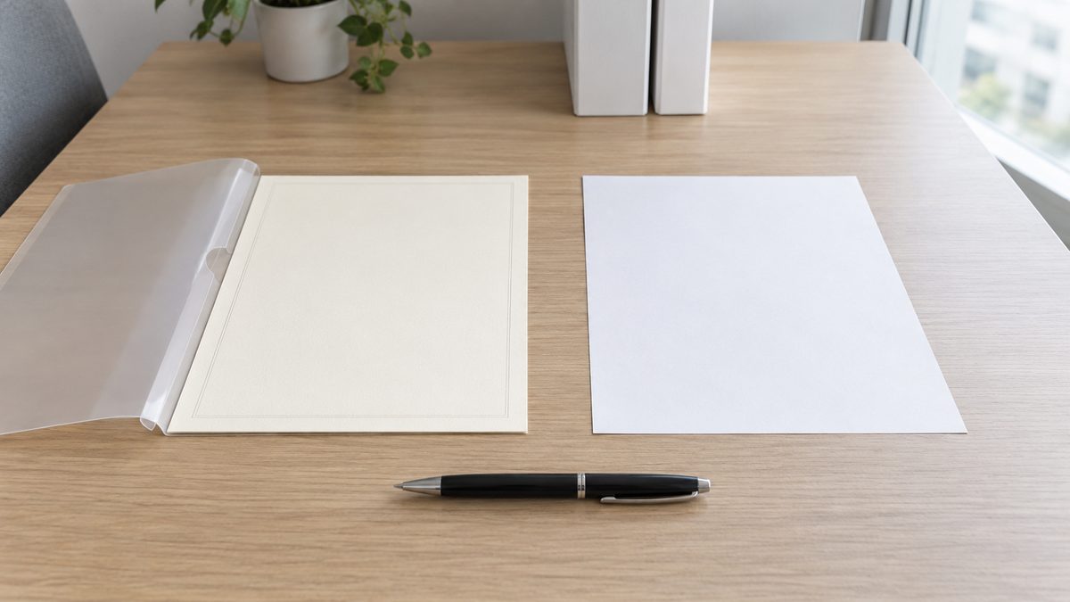 木目の机に、クリアホルダーから出した厚手の証書用紙と白いコピー用紙が並ぶ
