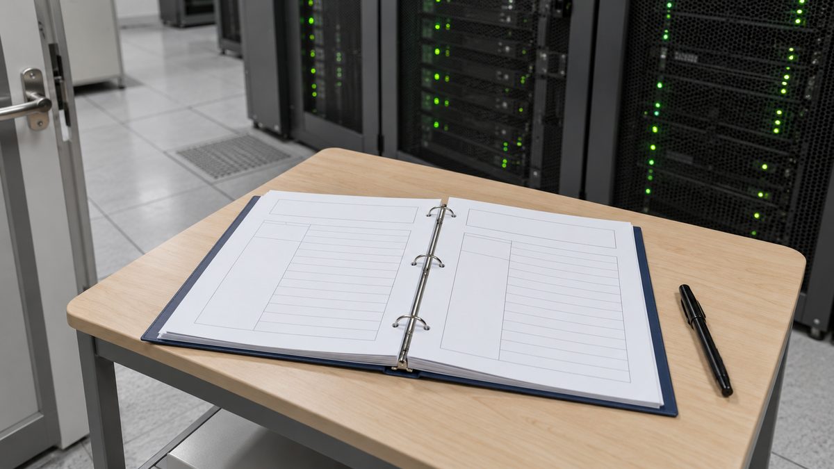 サーバーラックの前の小さな作業台に開いて置かれた無地の手順書バインダーと黒いペン